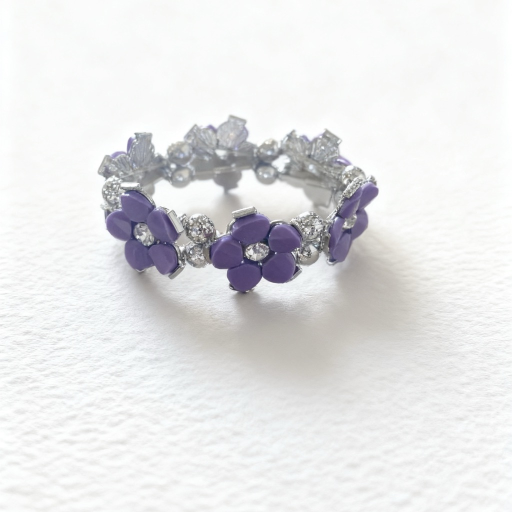 Lavender Flower Band Ring With Crystal Accents  Women Jewelry